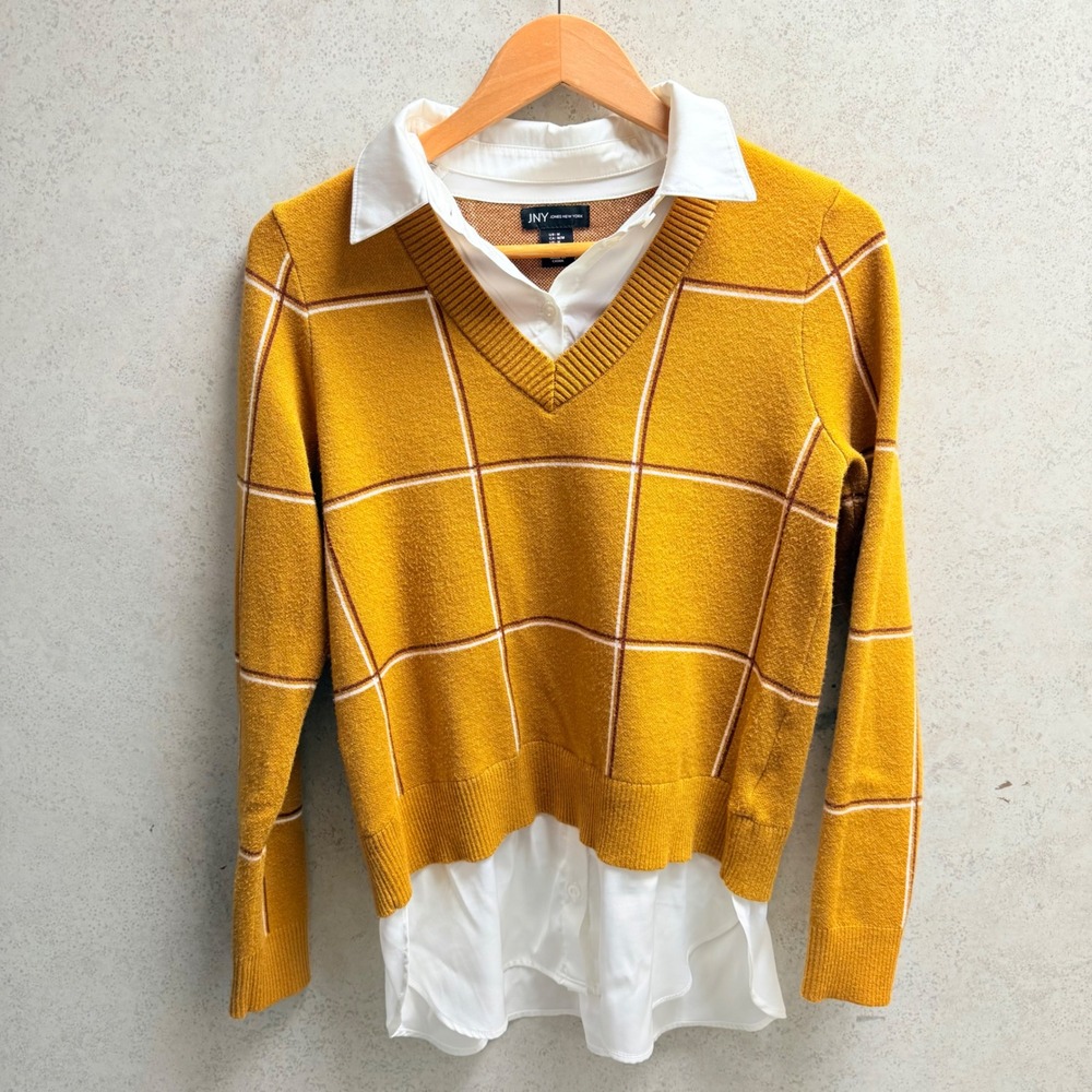 Jones New York M Women Mustard Yellow Plaid V Neck Preppy Office Layered Sweater